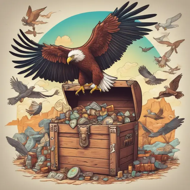 Golden eagle flying over a treasure chest containing various assets, representing tax deferral and personalized investment diversity in Self-Directed IRAs