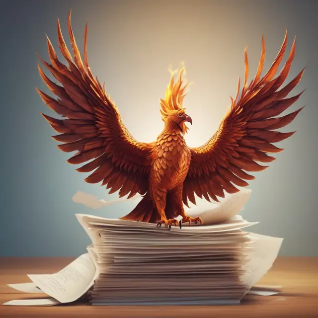 A phoenix rises from a pile of contracts, illustrating the transformation, resilience, and freedom of independent contracting.
