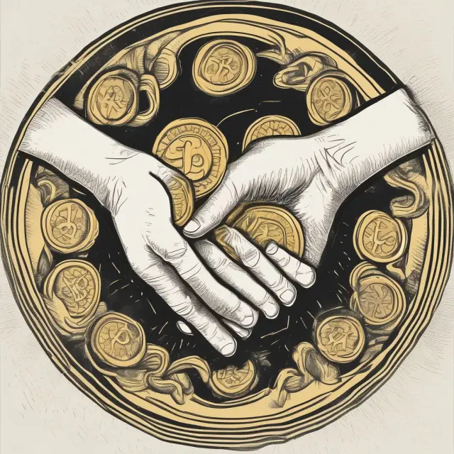 Two hands intertwined, sharing golden coins symbolizing the formation of a partnership in self-employment