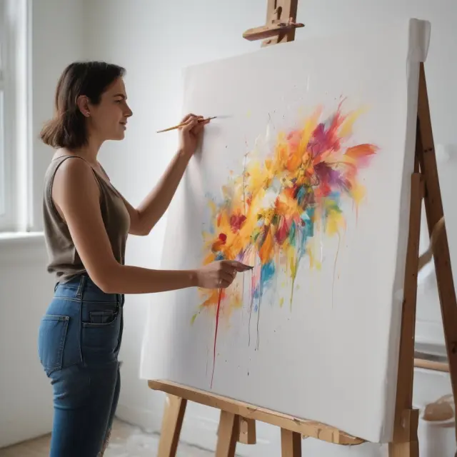 An artist meticulously paints financial records, tax documents, bank statements, invoices, and Forms 1099 onto a large canvas to illustrate proof of income as a self-employed individual