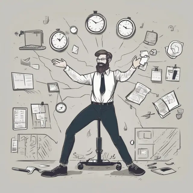 An artistic depiction of a self-employed person juggling various client projects and marketing efforts, emphasizing the importance of effective time management and building a strong client base.