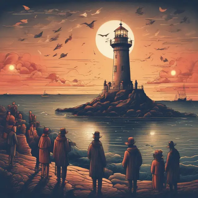 A lighthouse symbolizing guidance for self-employed individuals, with people holding lanterns representing their businesses seeking advice on navigating the complexities of self-employment