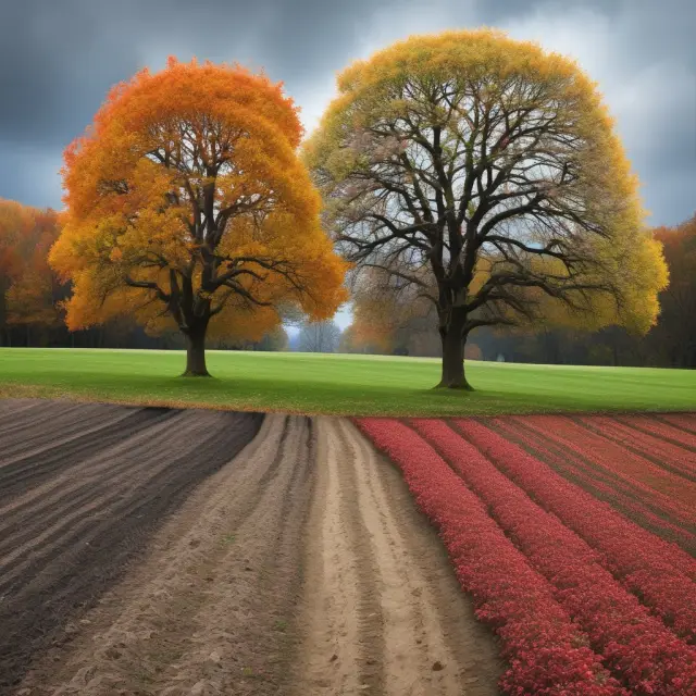 Image of seasons changing, with autumn leaves representing bullish market trends and winter trees symbolizing bearish sentiment in finance