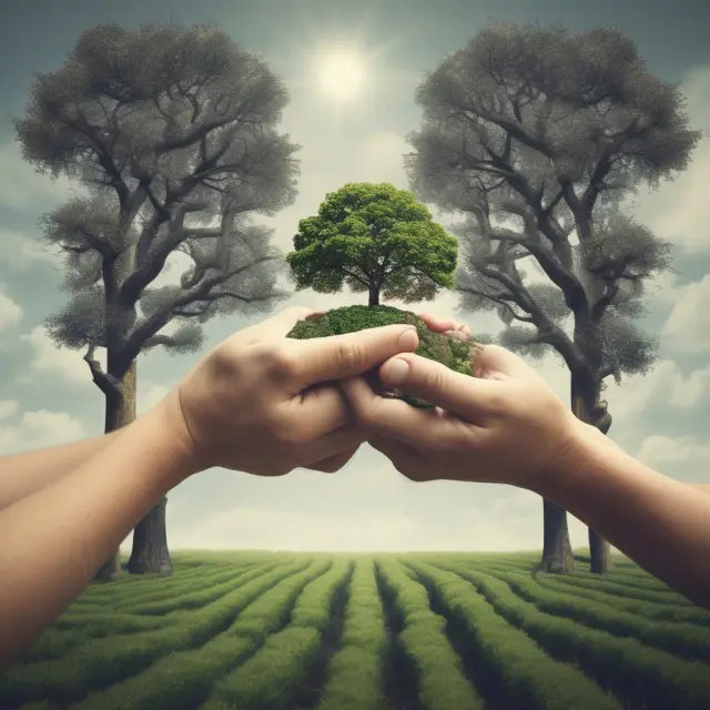 Two farmers exchanging crops during the changing of seasons, symbolizing the impact of investor behavior on seasonal trends in financial markets