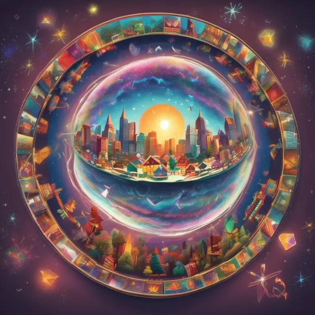 An image of various market sectors represented as colors swirling in a crystal ball, illustrating the concept of seasonality-driven investment strategies with a financial advisor guiding the process.
