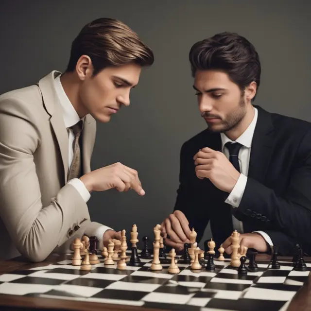 A seller and a buyer engaging in a metaphorical chess game, symbolizing the negotiation process in seller financing. Keywords: seller financing, buyers, sellers, negotiations
