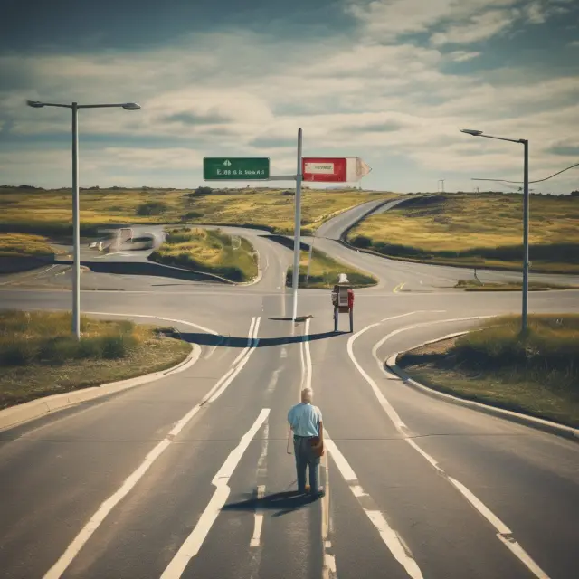 An image of a seller and a bank standing at a crossroads, representing the decision between seller financing and conventional bank financing for property purchases.
