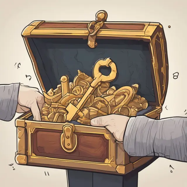 Seller holding golden key in front of a treasure chest, unlocking scrolls representing seller financing conditions and due-on-sale clauses
