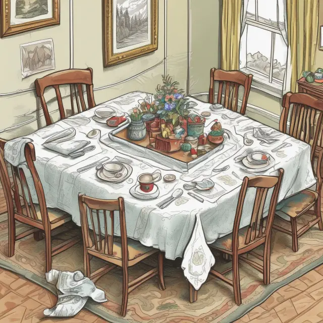 An intricately designed table setting illustrating buyer and seller engaging in a game of risk, with trust veiled under a tablecloth symbolizing the risks associated with seller financing