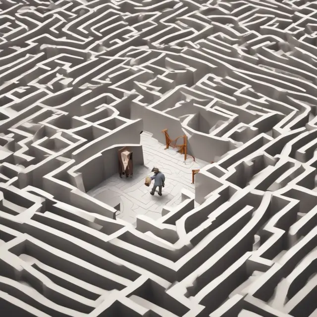 A seller represented by a bull and a buyer as a lamb navigate a complex maze of legal documents in a seller financing transaction