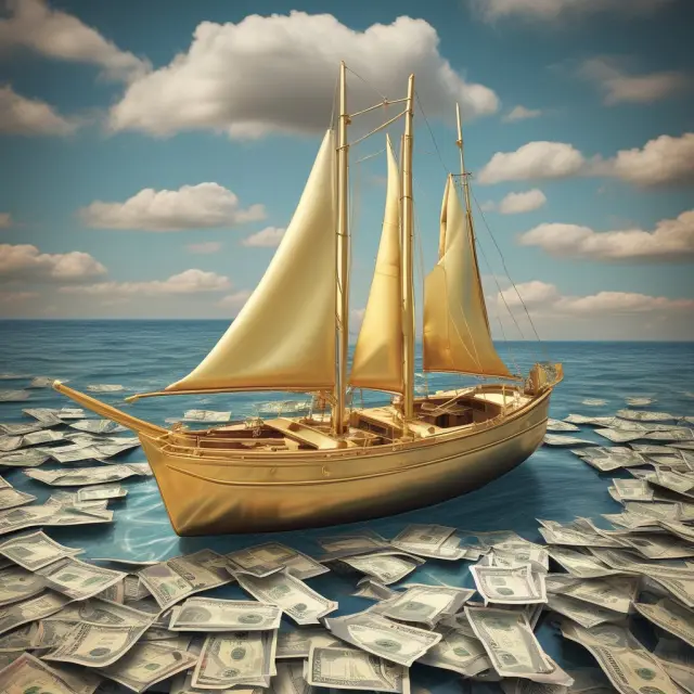 A golden yacht anchored in a tranquil sea surrounded by various financial instruments, representing senior bank loans