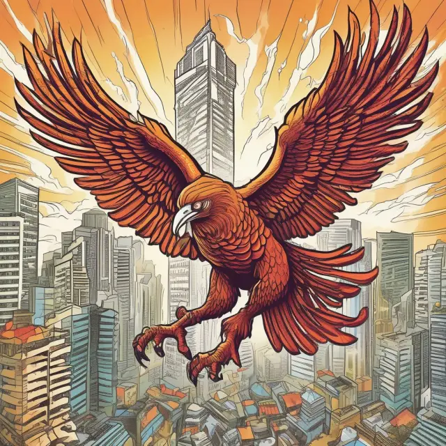 A mythical Sensex phoenix rising, symbolizing growth and economic transformation in India