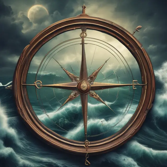 An investor holding a compass on a turbulent sea, with various factors represented by waves in the background. The compass points towards Sensitivity Analysis as a guiding light.