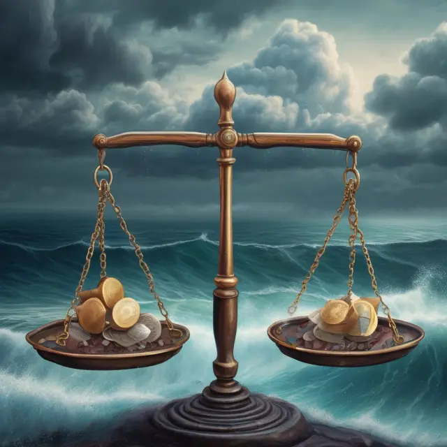 Balance scales display earnings per share (EPS) and price-to-earnings (P/E) ratio for sensitivity analysis, while a stormy sea with variable factors represents scenario analysis in financial modeling.