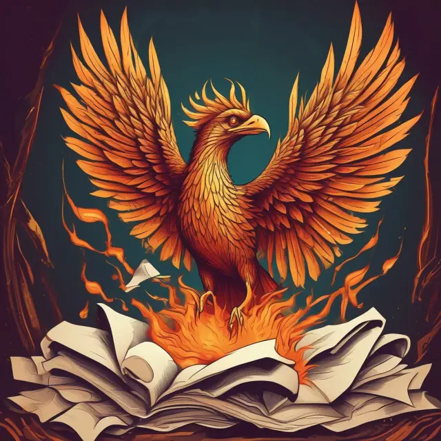 A mythical Phoenix emerging from a pile of paperwork and writing instruments, representing the process of establishing a SEP IRA.