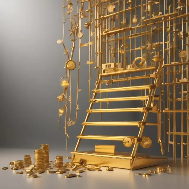A golden ladder extending from the present, stacked with SEP IRA symbols representing savings growth and reaching towards a secure financial future.