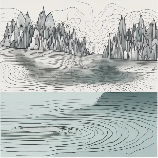 An autoregressive (AR) model represented as a time series variable echoing into a mirror-like pond, symbolizing the influence of past values on current trends.