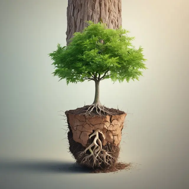 A seedling growing into a towering tree, its roots intertwined with growth milestones, symbolizing a company