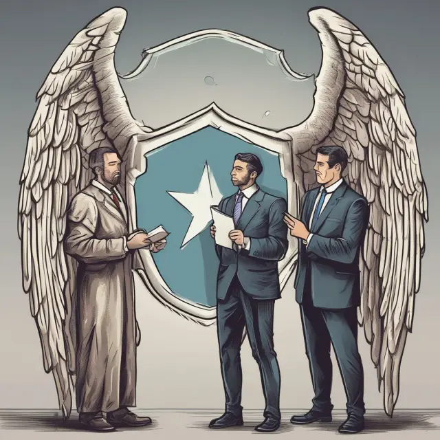 An angel investor extending a protective shield towards Series B founders, illustrating the security provided by anti-dilution provisions