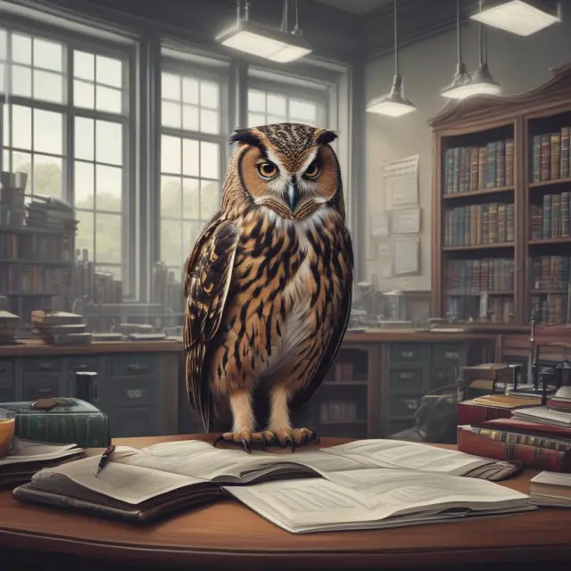 An owl supervising scholars working on policies, procedures, controls, and marketing materials for investment banking and research in a lab setting.