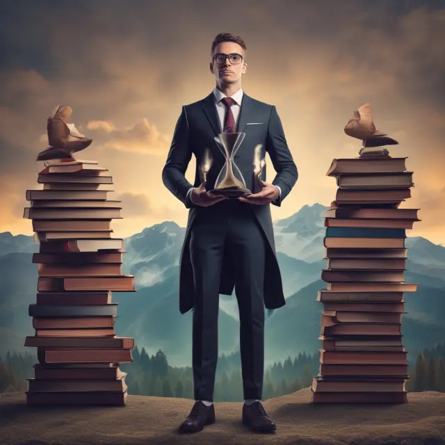 Person preparing for Series 24 exam with books and hourglass