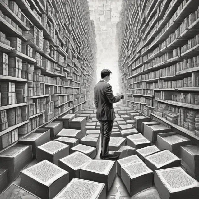 A person studying for the Series 3 exam with piles of books and notes while making their way through a maze representing the process