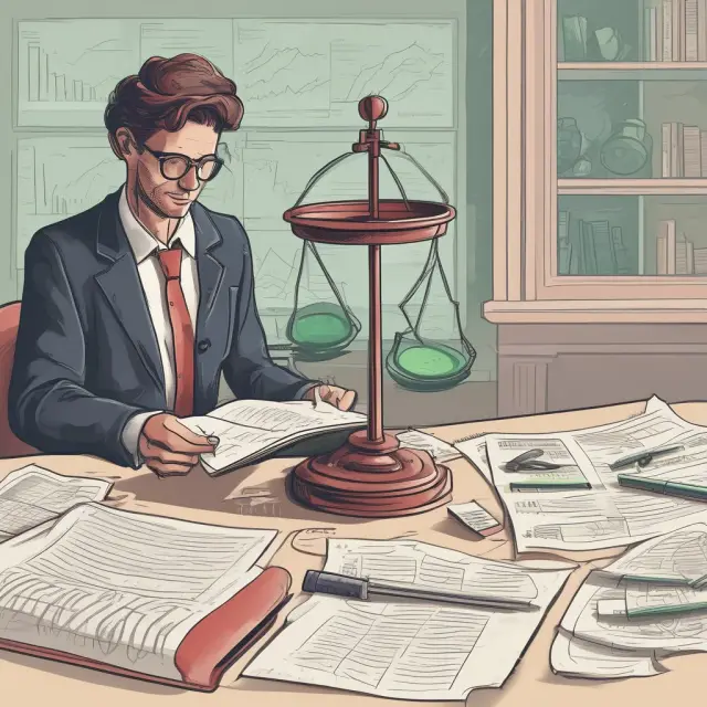 A person at a computer registering for the Series 3 exam, surrounded by financial documents on a table, with an hourglass indicating time pressure and a scale symbolizing balance