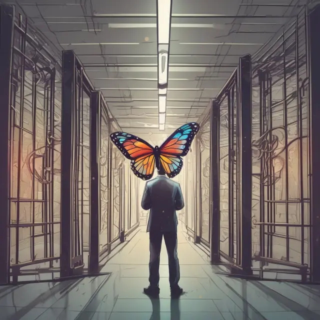 Butterfly transforming into a trader, signifying Series 57 exam success. Financial intern, regulatory gate, securities trading.