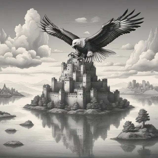 A serene lake surrounded by islands symbolizing securities topics, a swift eagle illustrating high-frequency trading, and a fortified castle for regulatory requirements.