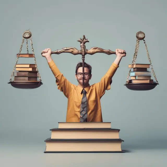 Person balancing study materials on scales, illustrating effective time management and anxiety reduction for Series 57 exam success