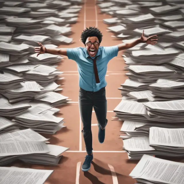 A person triumphantly crossing the finish line, surrounded by books and test papers, representing completion of Series 63 exam preparation.