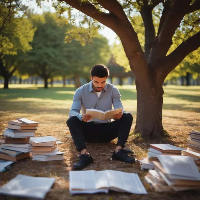 Person studying under a tree, surrounded by financial books and a compass for guidance
