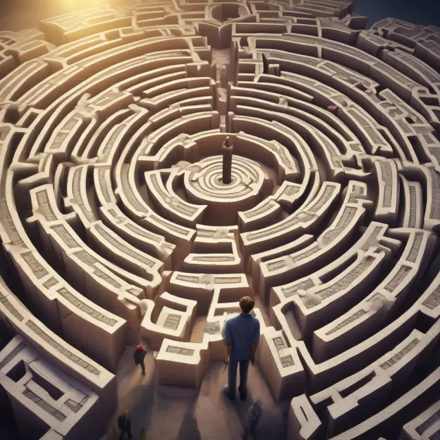 Metaphorical representation of the Series 65 exam as a labyrinth with twelve pillars symbolizing economic factors, investment vehicles, strategies, laws, and ethics to be mastered.