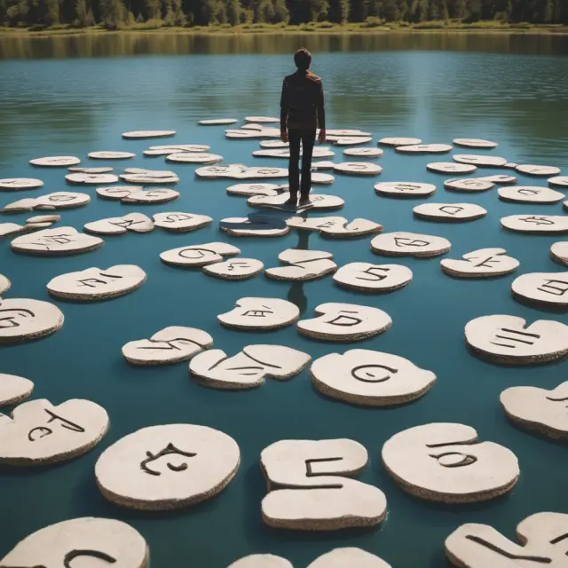 A candidate prepares for the Series 65 exam with study materials atop a stepping stone in a vast knowledge lake, signifying understanding of prerequisites and eligibility