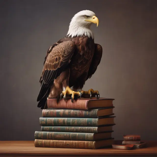 Legal eagle symbolizing Series 65 exam, perched on regulations and study materials