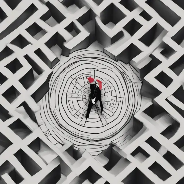 A blindfolded figure navigating a regulatory maze using a lawbook and compass, representing Series 65 exam topics: laws, regulations, and ethical practices