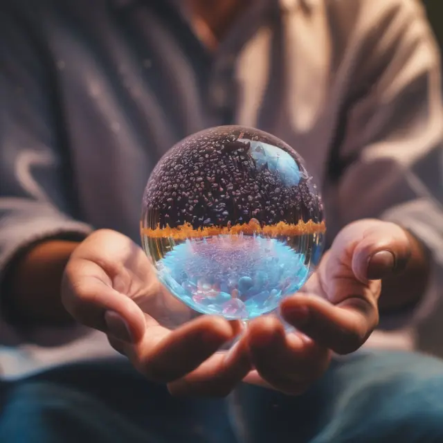 Person studying for the Series 65 exam from a crystal ball filled with glowing knowledge droplets