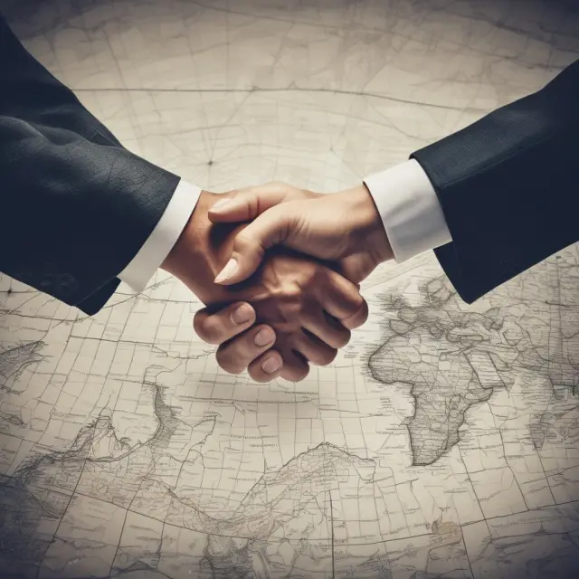 Financial advisor and wealth manager collaborating on investment strategies. Map represents diverse opportunities for growth.