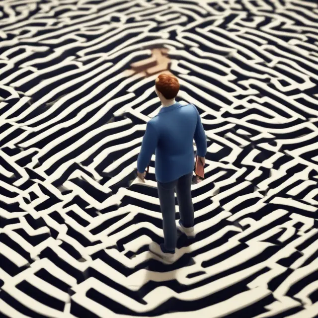 A person journeying through an intricate maze, collecting keys representing Series 7 and Series 66 exams while adhering to age and background check prerequisites