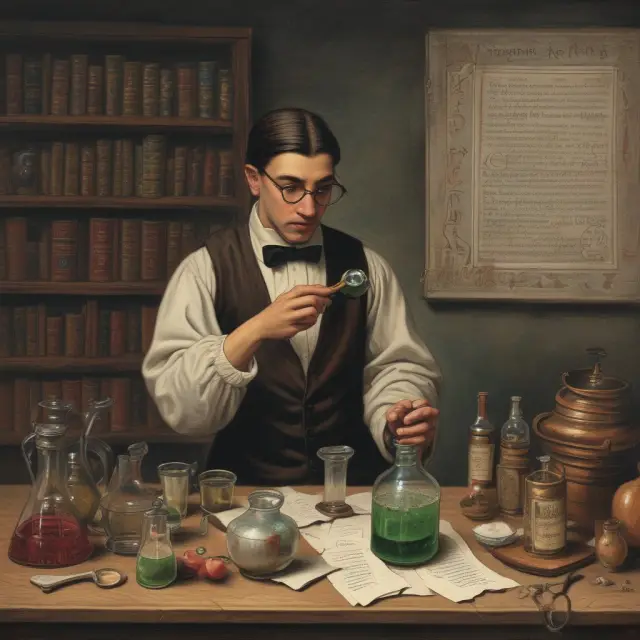 A scholar pours financial knowledge into a potion bottle, preparing for the Series 66 exam with topics like economic factors, financial reporting, quantitative methods, and SEC filings