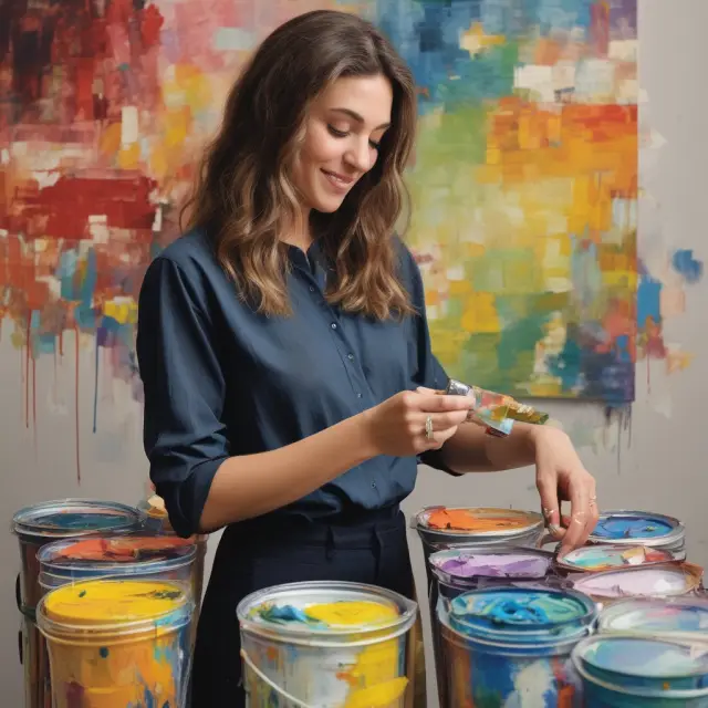 Artist selecting paints for customized investment portfolios based on clients