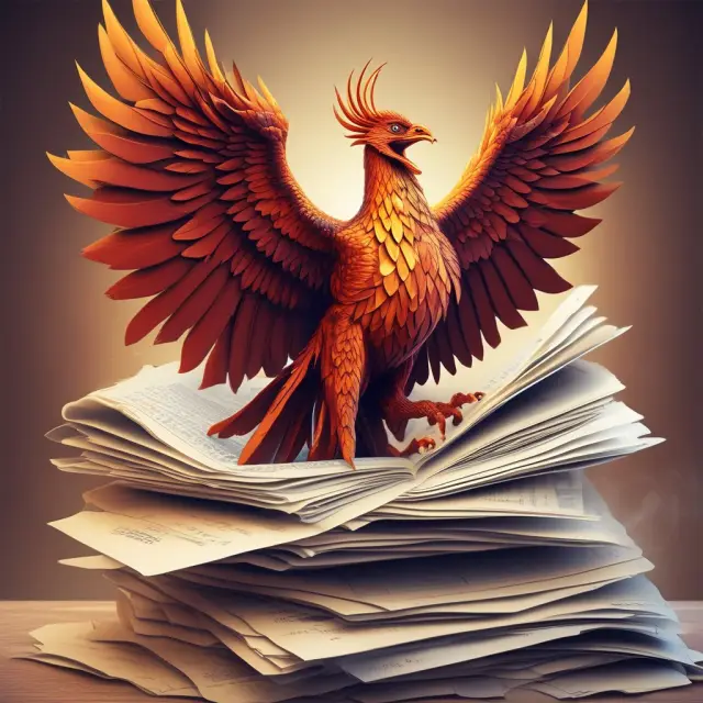 A phoenix rises above a mountain of financial reports and textbooks, emphasizing the importance of ongoing education in the securities industry