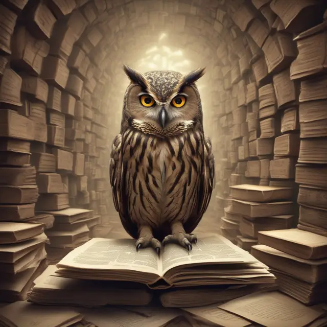 Candidate navigating a maze towards wisdom owl, symbolizing Series 7 exam preparation. Labyrinth represents the complexities of securities industry knowledge.