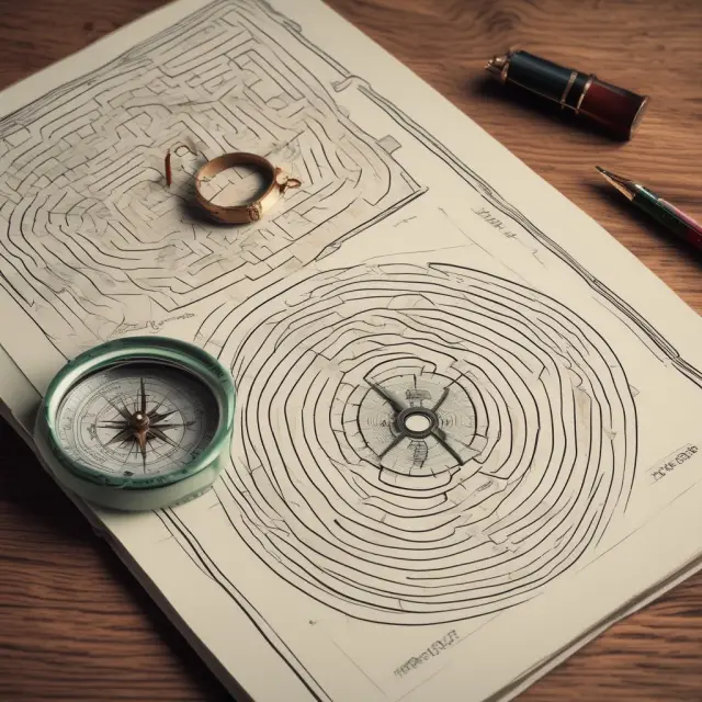 Navigating the complexities of the Series 7 exam through a financial maze, featuring a guidebook and compass.