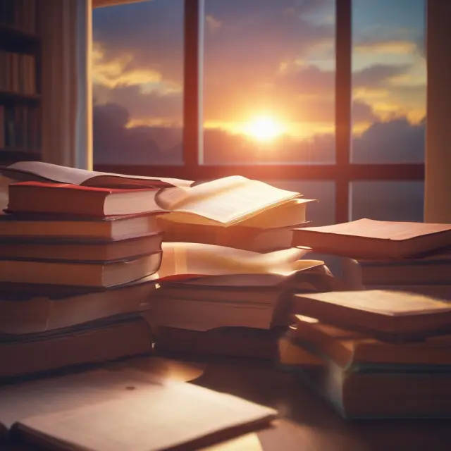 Candidate studying exam results, surrounded by books and resources, with a new sunrise emerging - represents the opportunity to improve and retake exams
