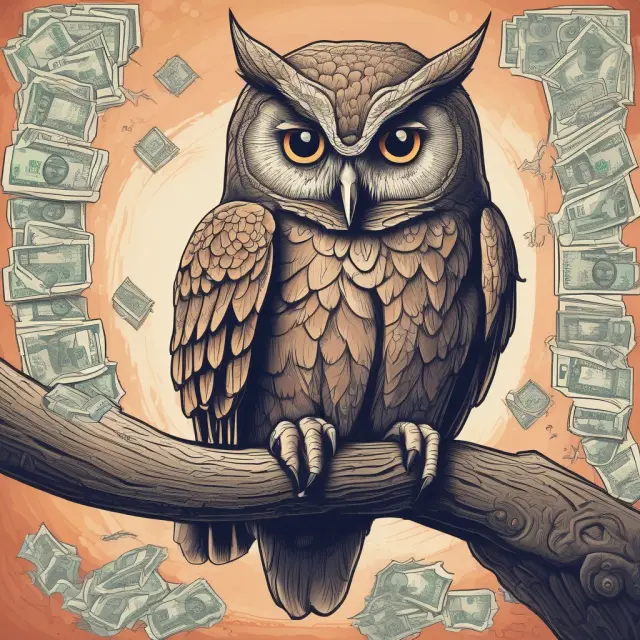 A wise owl supervising a branch filled with financial instruments, including stocks and options