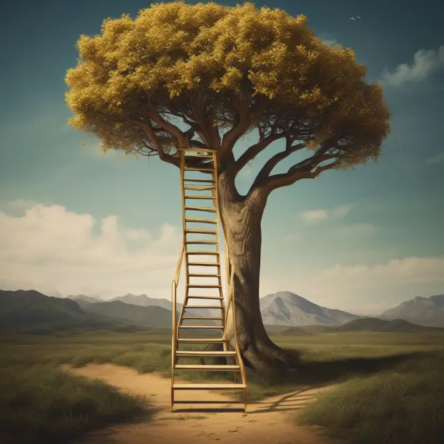 A ladder made of gold Series I bonds for education costs and an inheritance tree for estate planning, emphasizing growth and stability.