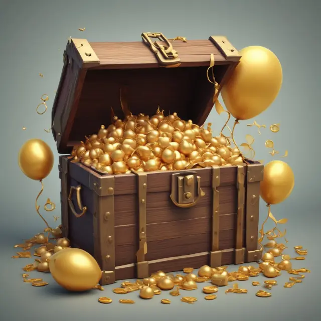 Golden treasure chest filled with keys and balloons, representing protection from inflation and growth in Series I bond investments.