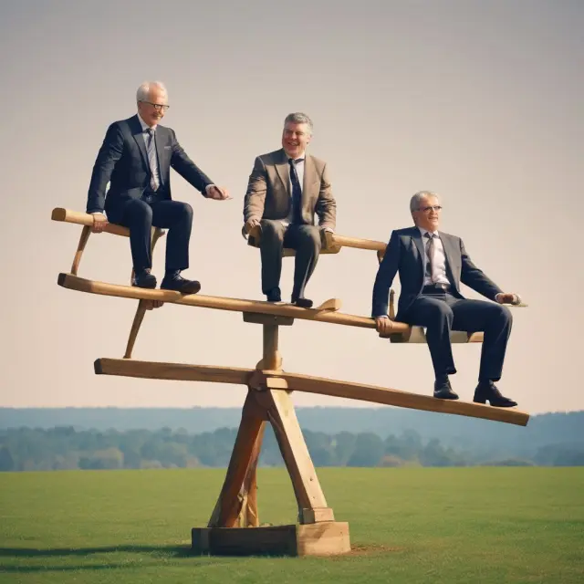 Executives sitting on a seesaw, balanced by companies offering Supplemental Executive Retirement Plans (SERPs).