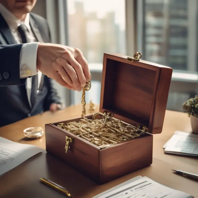 An executive holding a golden key that opens a chest containing deferred retirement plans, surrounded by financial charts